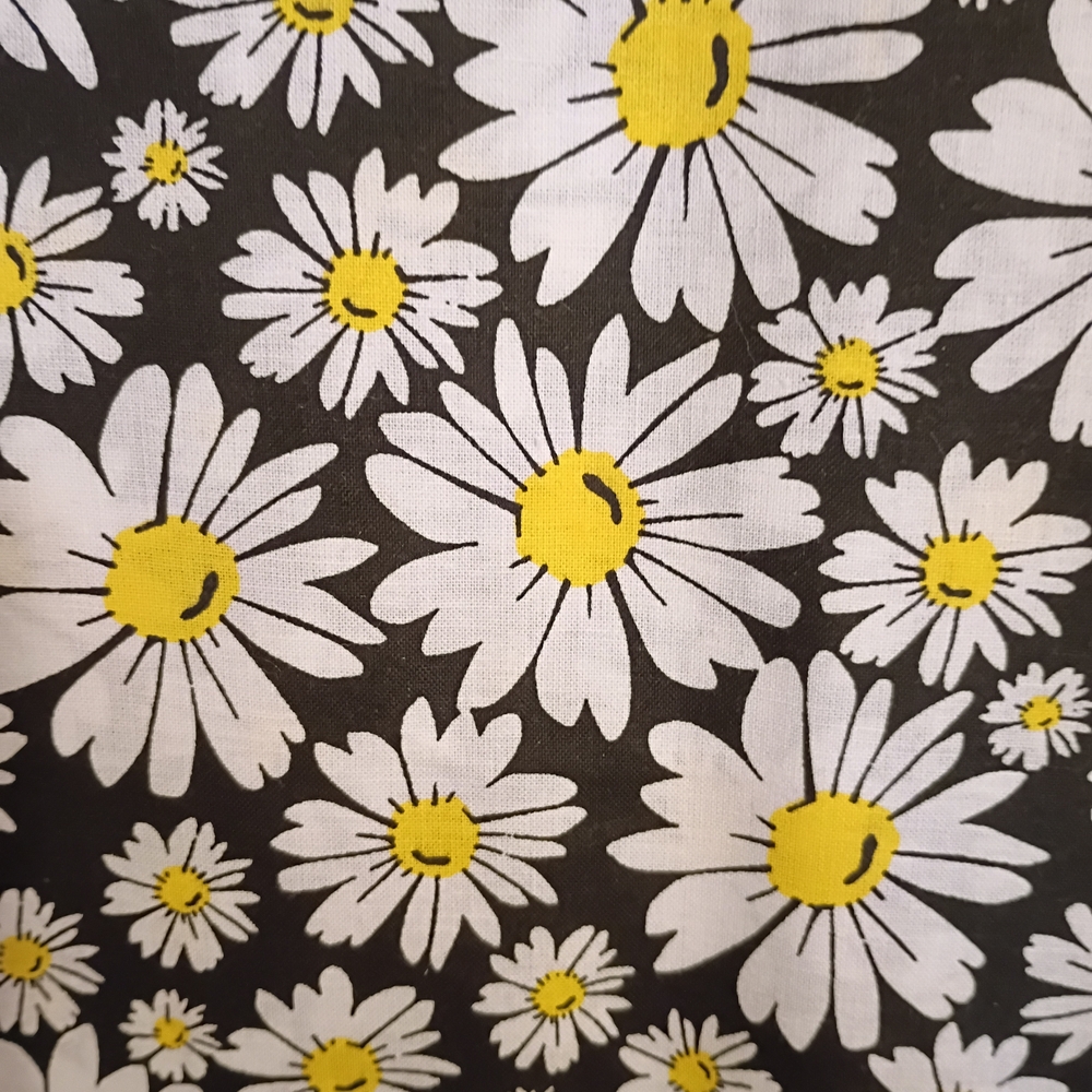 Daisy Print Cotton Fabric- Black, White & Yellow. Price Per Yard.